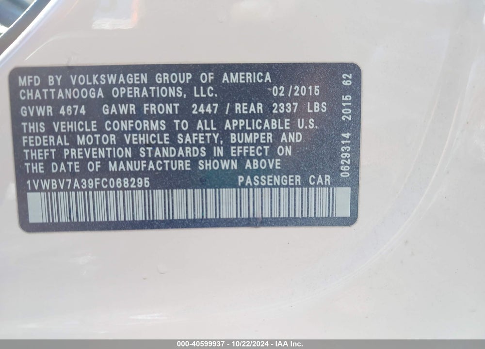 2015 VOLKSWAGEN PASSAT VIN: 1VWBV7A39FC068295