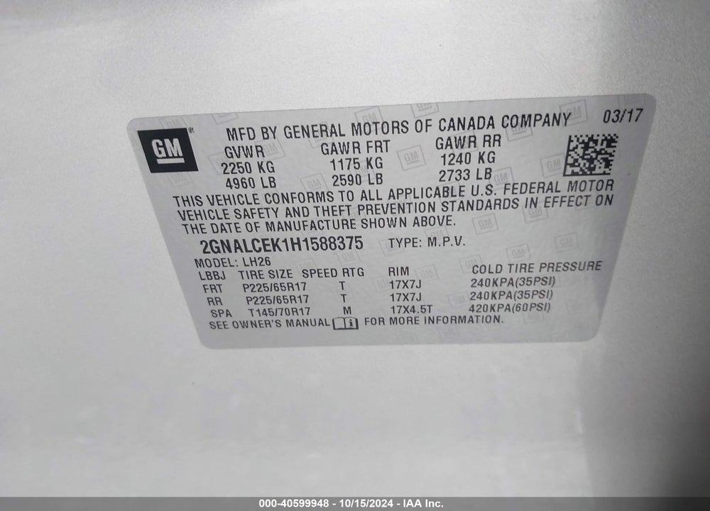 2017 CHEVROLET EQUINOX LT VIN: 2GNALCEK1H1588375
