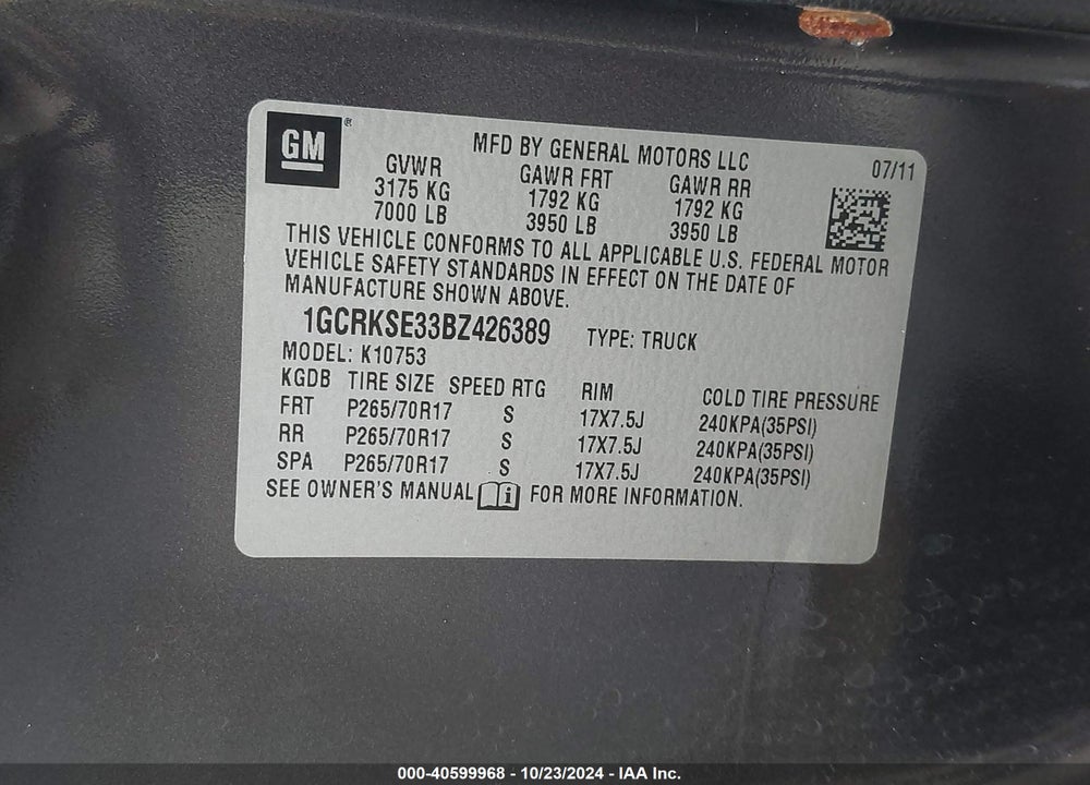 2011 CHEVROLET SILVERADO 1500 LT VIN: 1GCRKSE33BZ426389