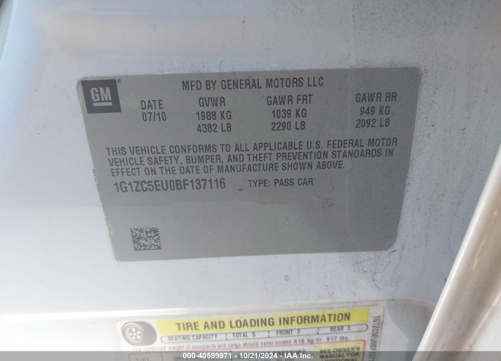 2011 CHEVROLET MALIBU 1LT VIN: 1G1ZC5EU0BF137116