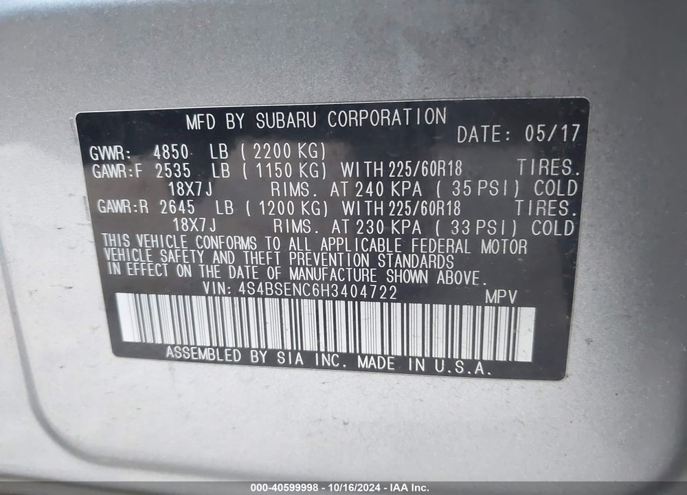 2017 SUBARU OUTBACK 3.6R LIMITED VIN: 4S4BSENC6H3404722