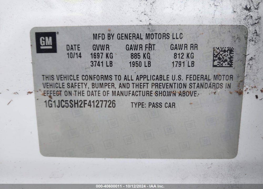 2015 CHEVROLET SONIC LT AUTO VIN: 1G1JC5SH2F4127726