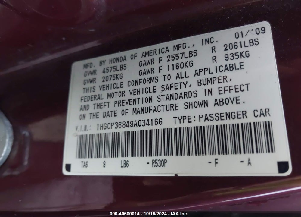 2009 HONDA ACCORD 3.5 EX-L VIN: 1HGCP36849A034166