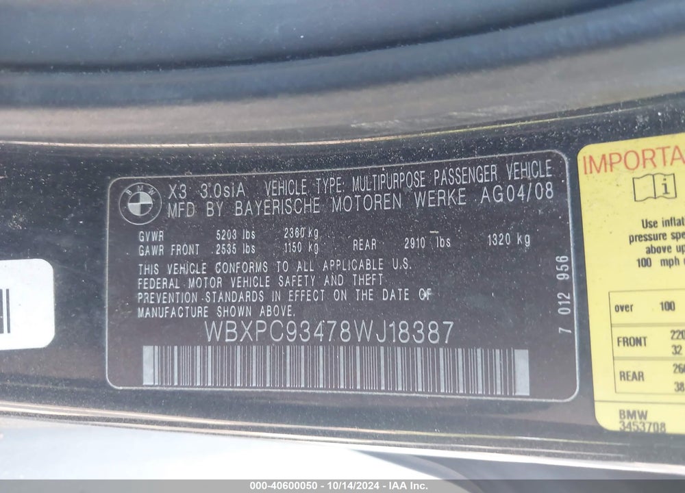 2008 BMW X3 3.0SI VIN: WBXPC93478WJ18387