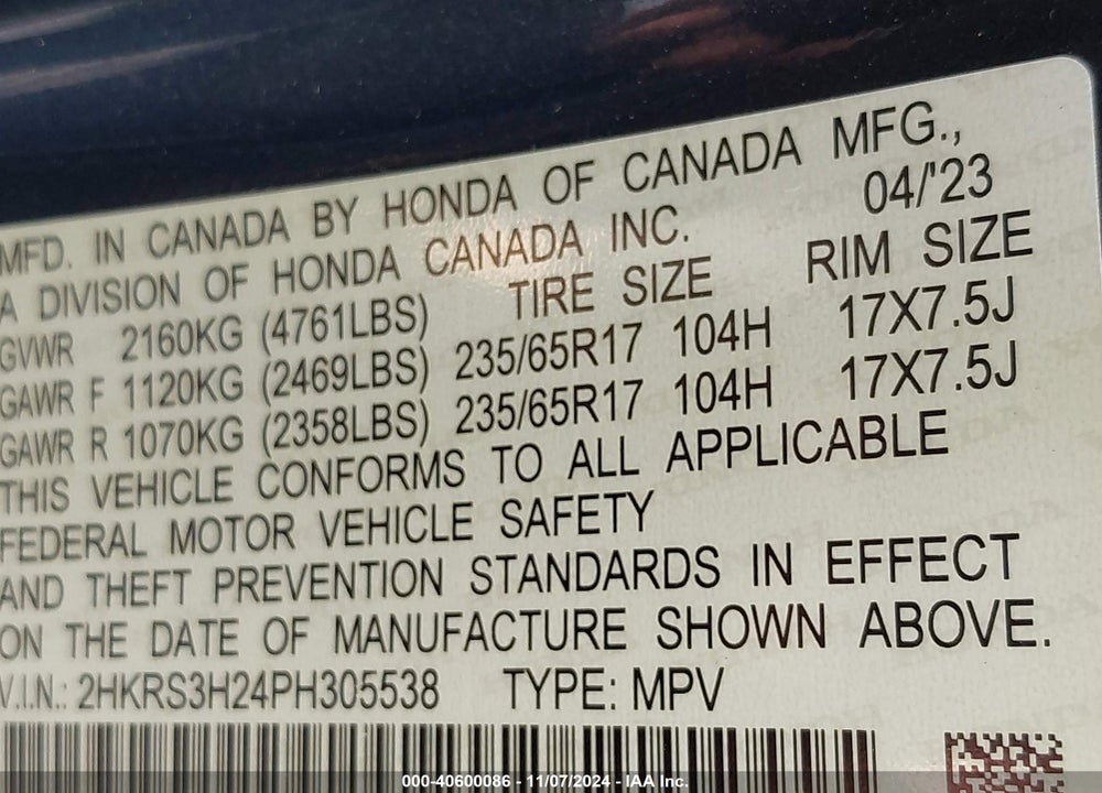 2023 HONDA CR-V LX 2WD VIN: 2HKRS3H24PH305538