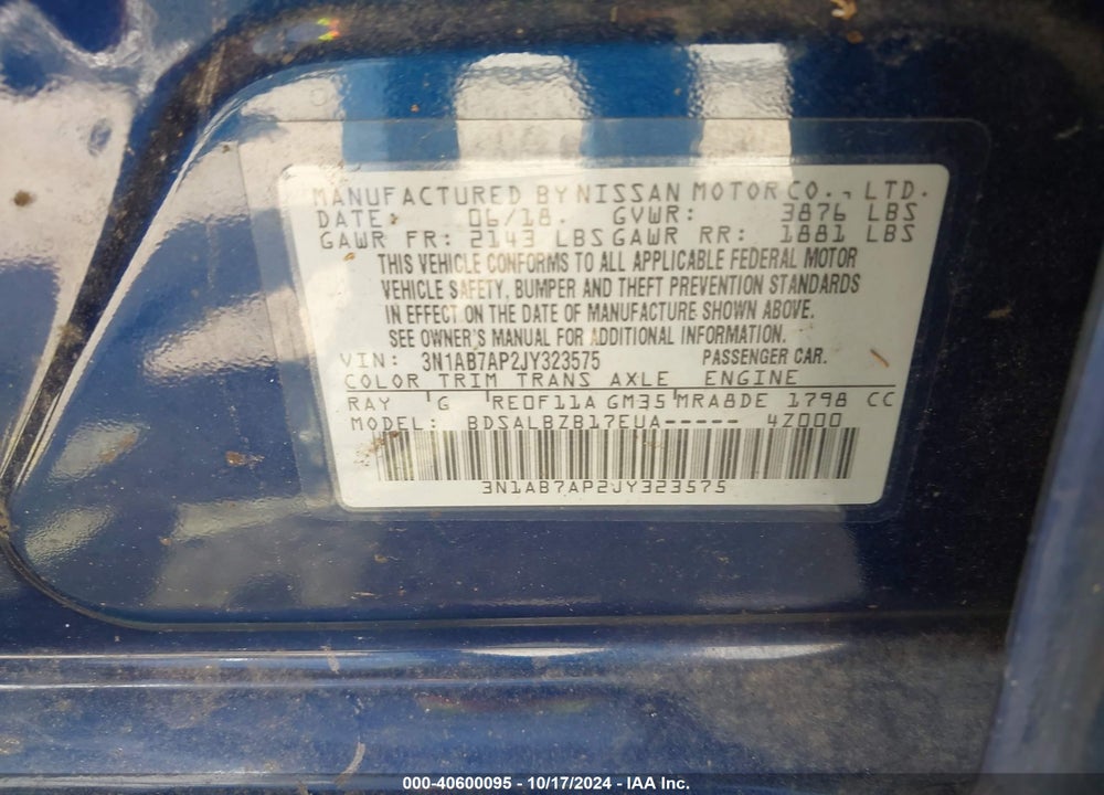 2018 NISSAN SENTRA S VIN: 3N1AB7AP2JY323575