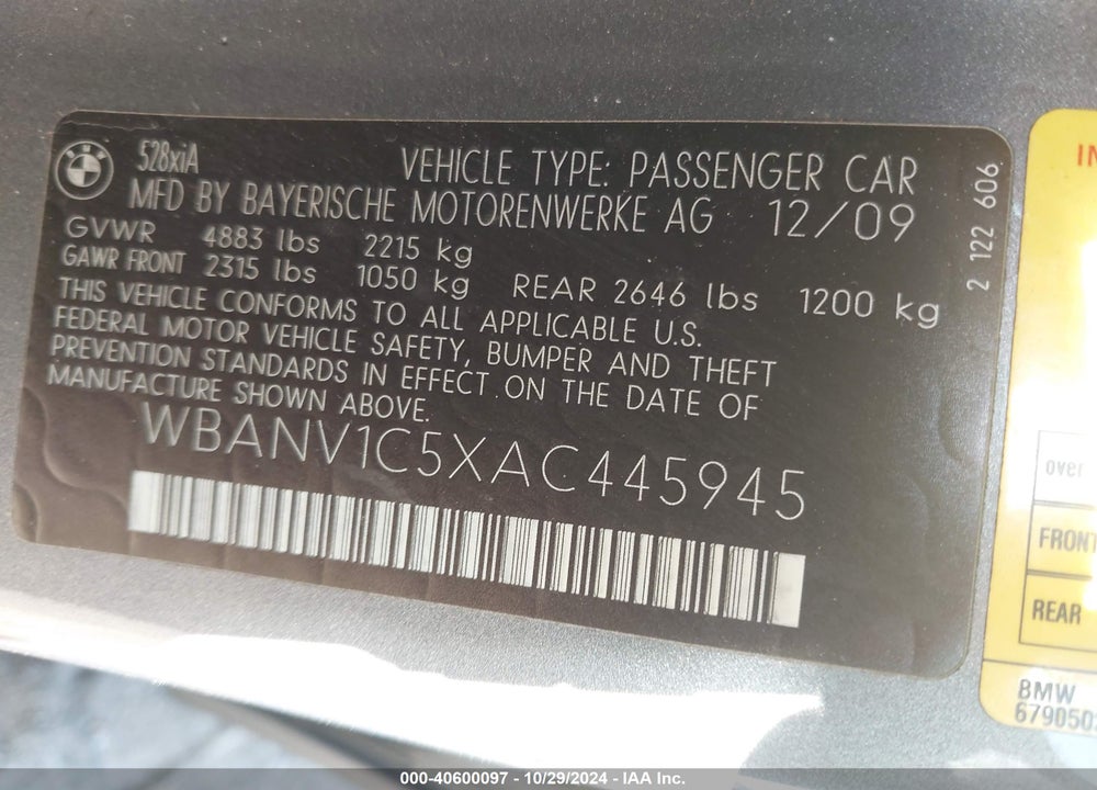 2010 BMW 528I XDRIVE VIN: WBANV1C5XAC445945