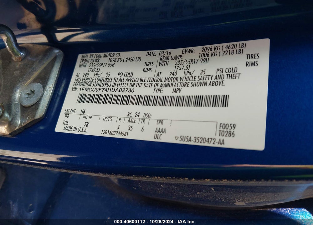 2017 FORD ESCAPE S VIN: 1FMCU0F74HUA02730