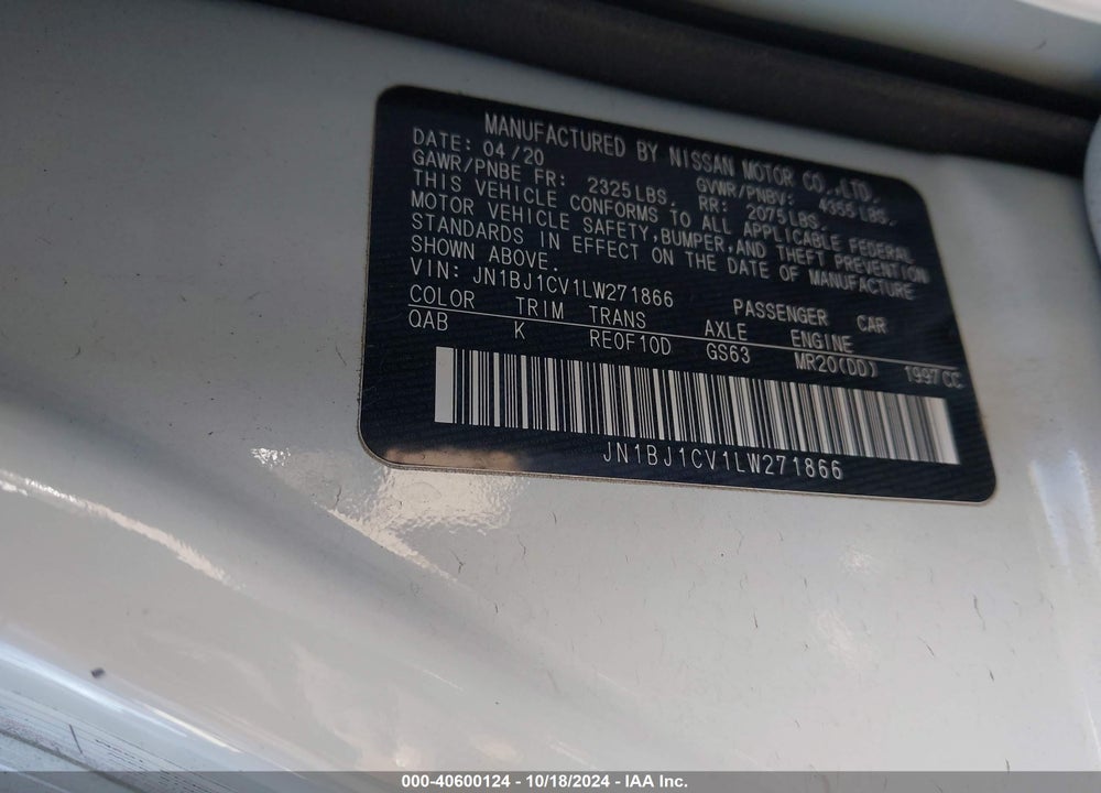 2020 NISSAN ROGUE SPORT SL FWD XTRONIC CVT VIN: JN1BJ1CV1LW271866