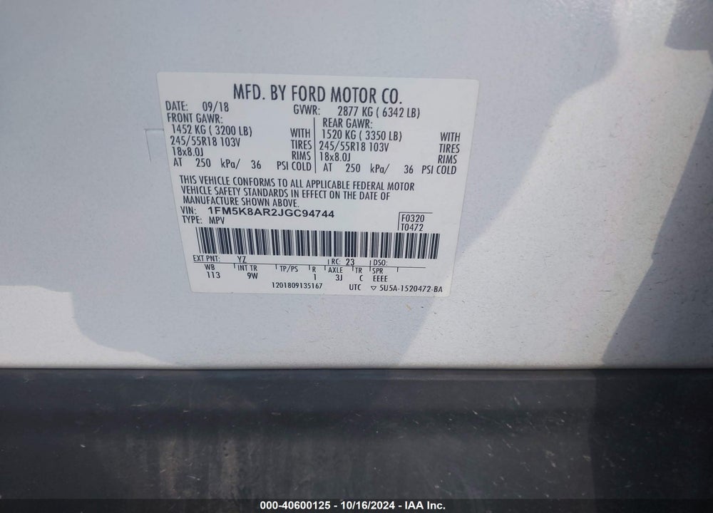 2018 UTILITY FORD POLICE INTERCEPTOR VIN: 1FM5K8AR2JGC94744