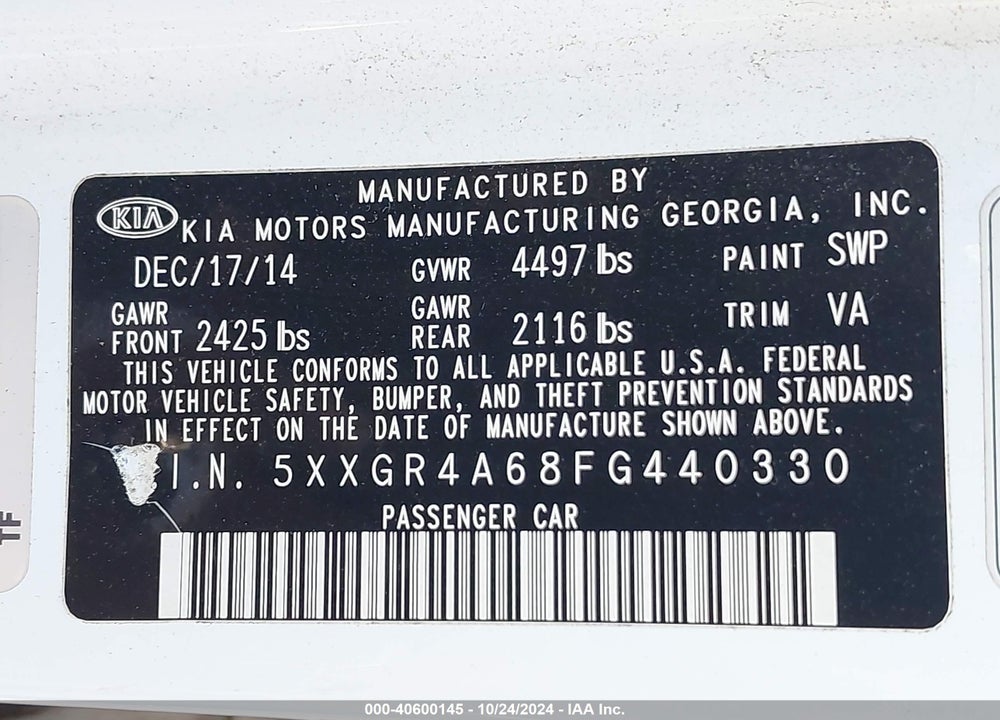 2015 KIA OPTIMA SXL TURBO VIN: 5XXGR4A68FG440330