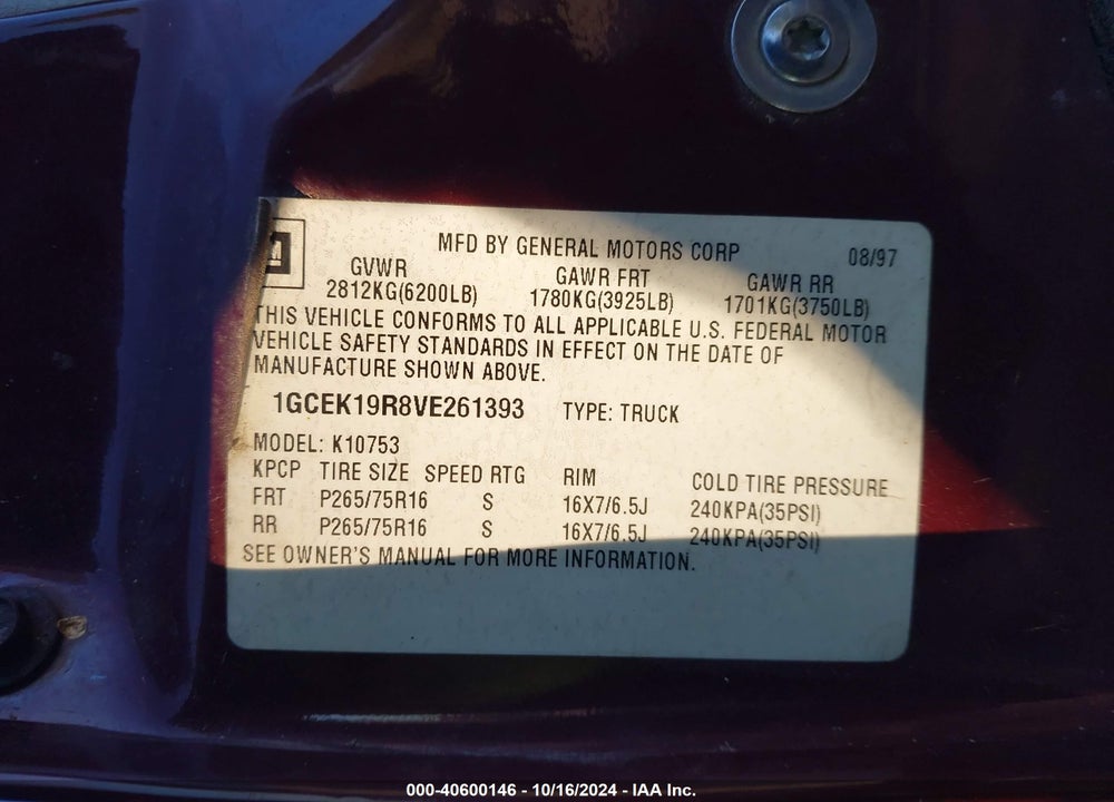 1997 CHEVROLET K1500 FLEETSIDE VIN: 1GCEK19R8VE261393