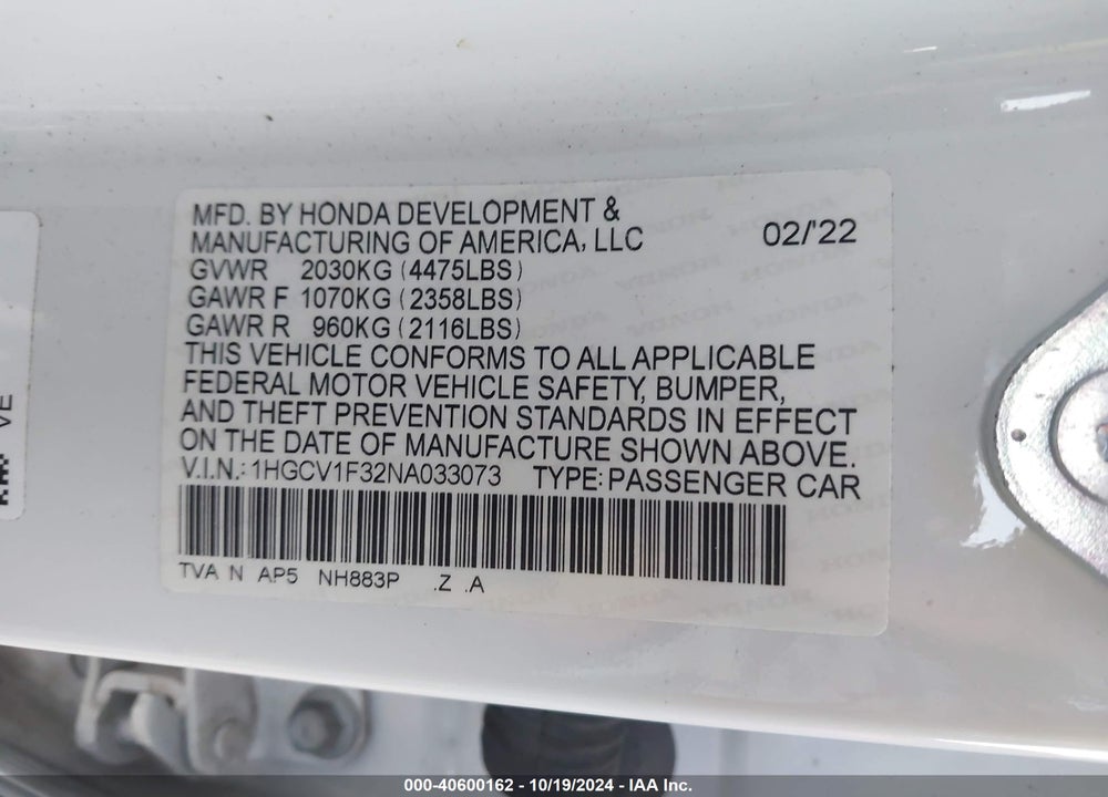 2022 HONDA ACCORD SPORT VIN: 1HGCV1F32NA033073