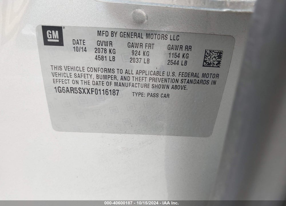 2015 CADILLAC CTS LUXURY VIN: 1G6AR5SXXF0116187