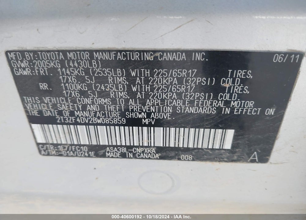 2011 TOYOTA RAV4 VIN: 2T3ZF4DV2BW085859