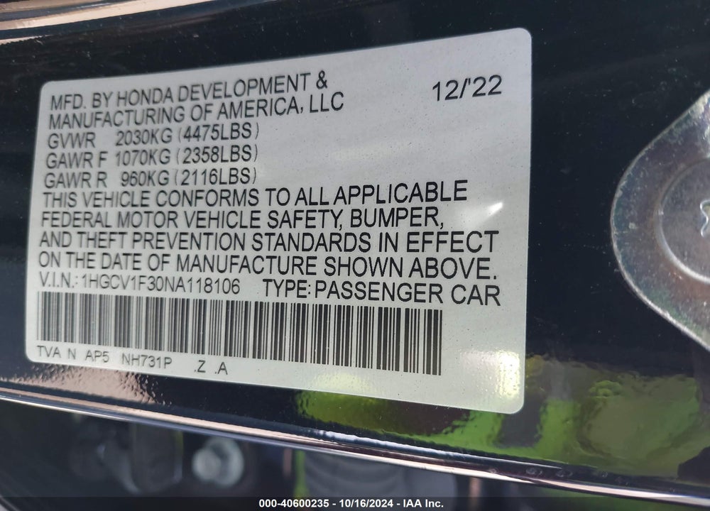 2022 HONDA ACCORD SPORT VIN: 1HGCV1F30NA118106