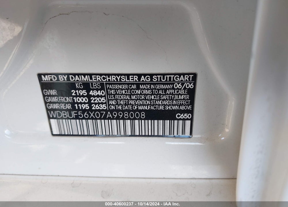 2007 MERCEDES-BENZ E 350 VIN: WDBUF56X07A998008