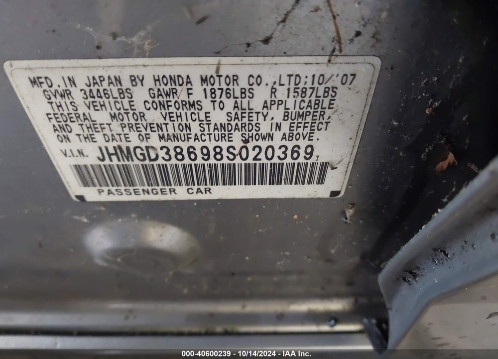 2008 HONDA FIT SPORT VIN: JHMGD38698S020369