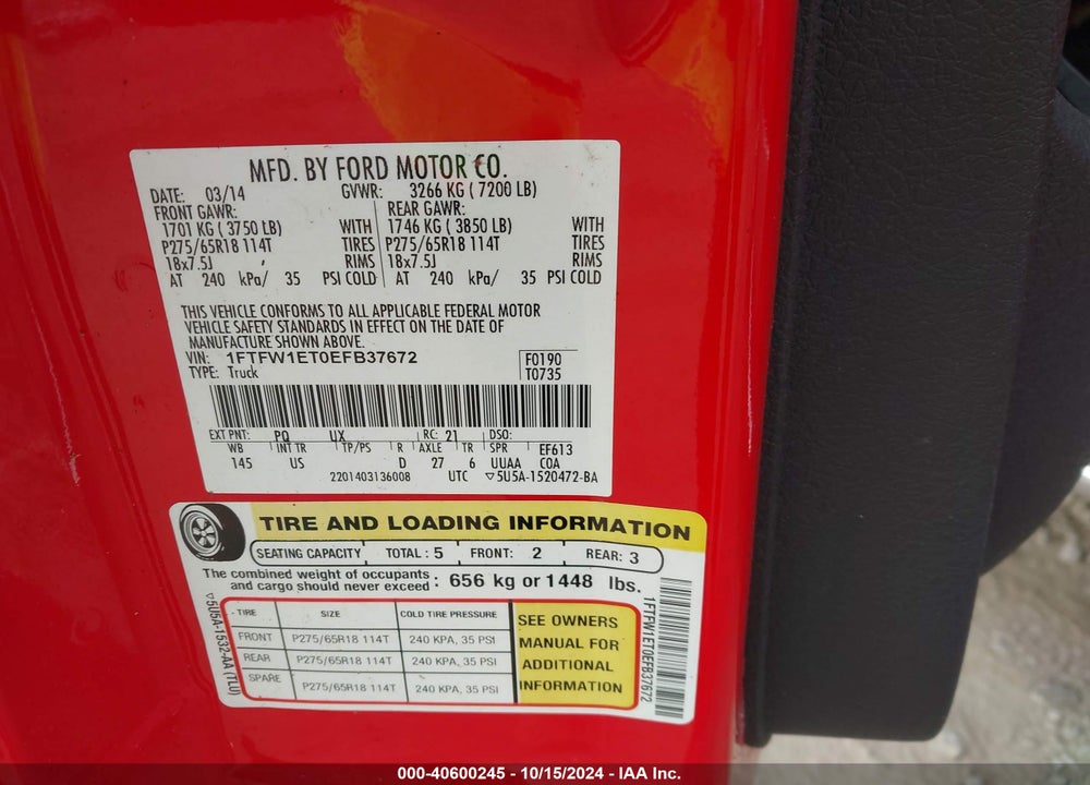 2014 FORD F-150 XLT VIN: 1FTFW1ET0EFB37672
