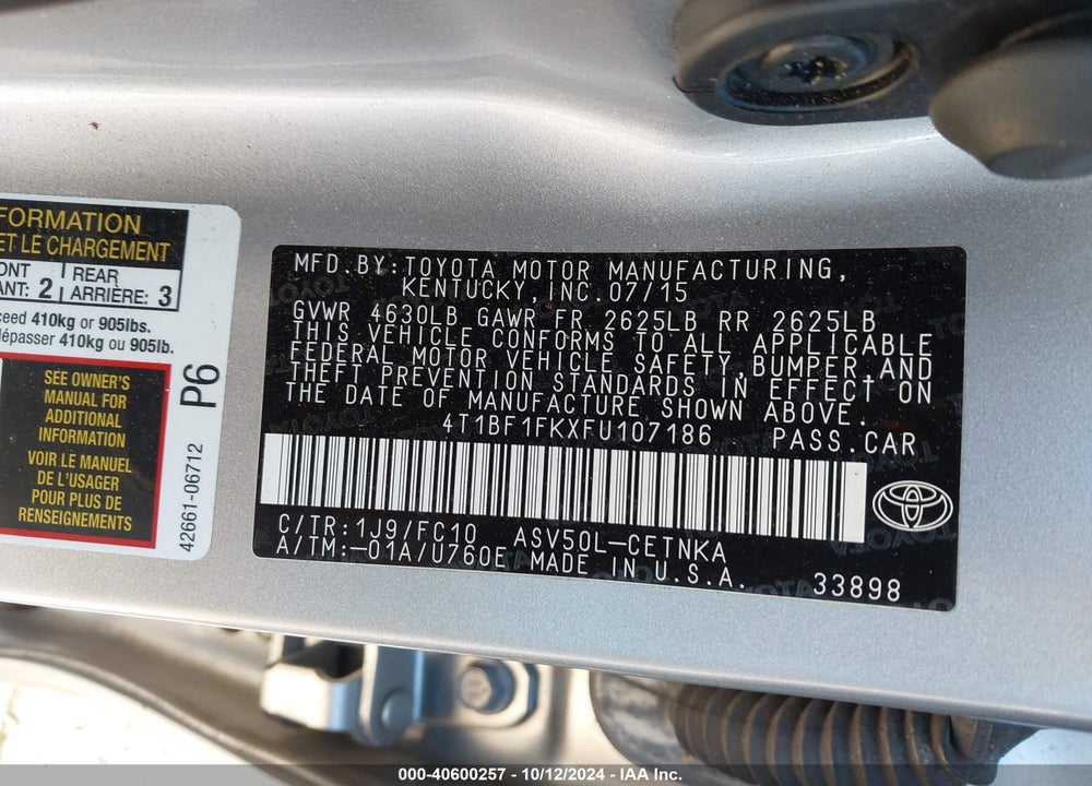 2015 TOYOTA CAMRY LE VIN: 4T1BF1FKXFU107186
