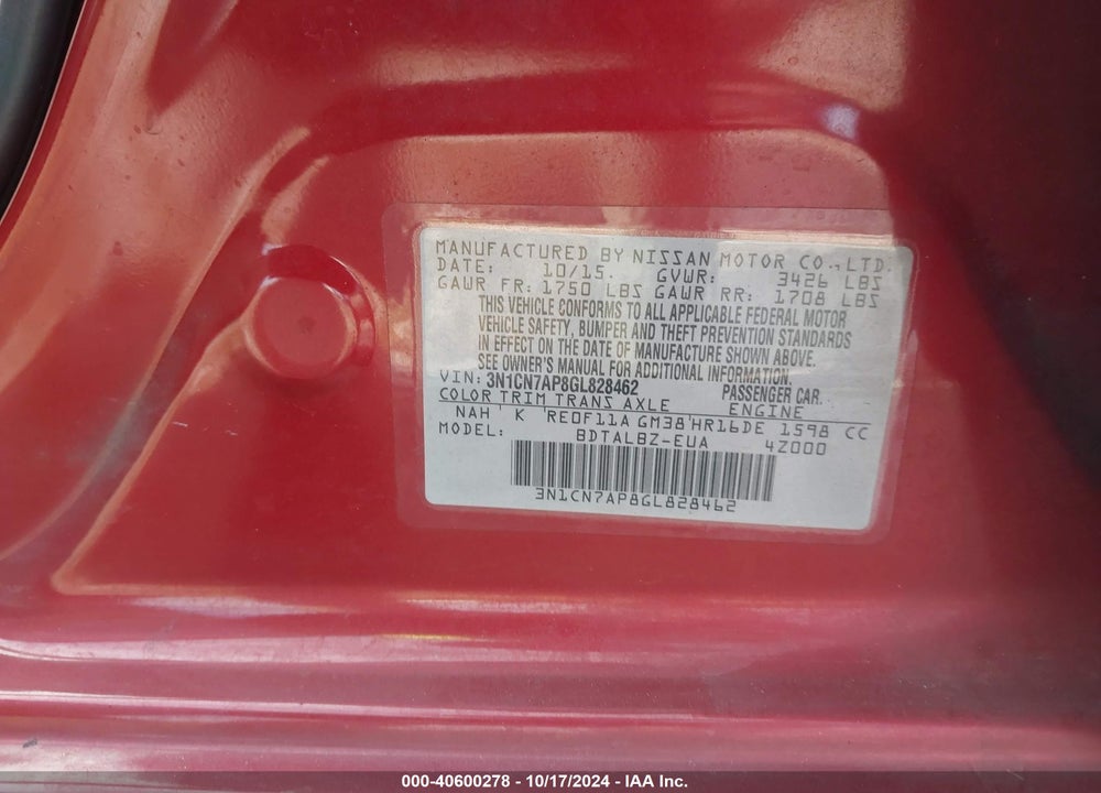 2016 NISSAN VERSA 1.6 SV VIN: 3N1CN7AP8GL828462