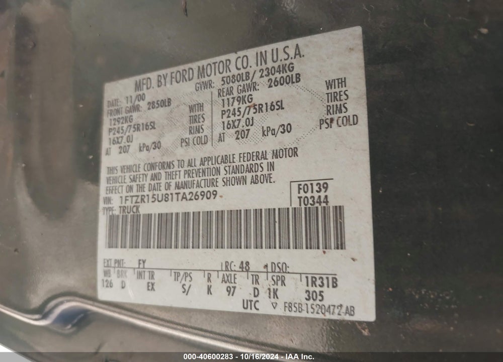 2001 FORD RANGER EDGE/XLT VIN: 1FTZR15U81TA26909