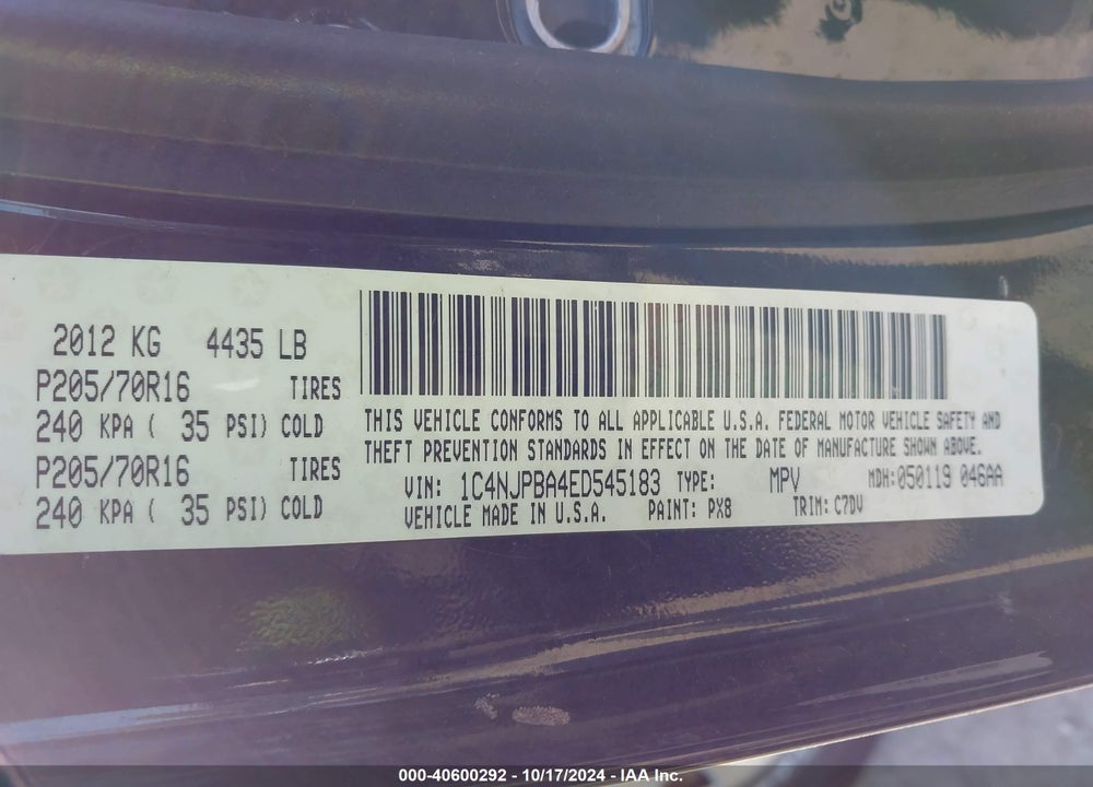 2014 JEEP PATRIOT SPORT VIN: 1C4NJPBA4ED545183