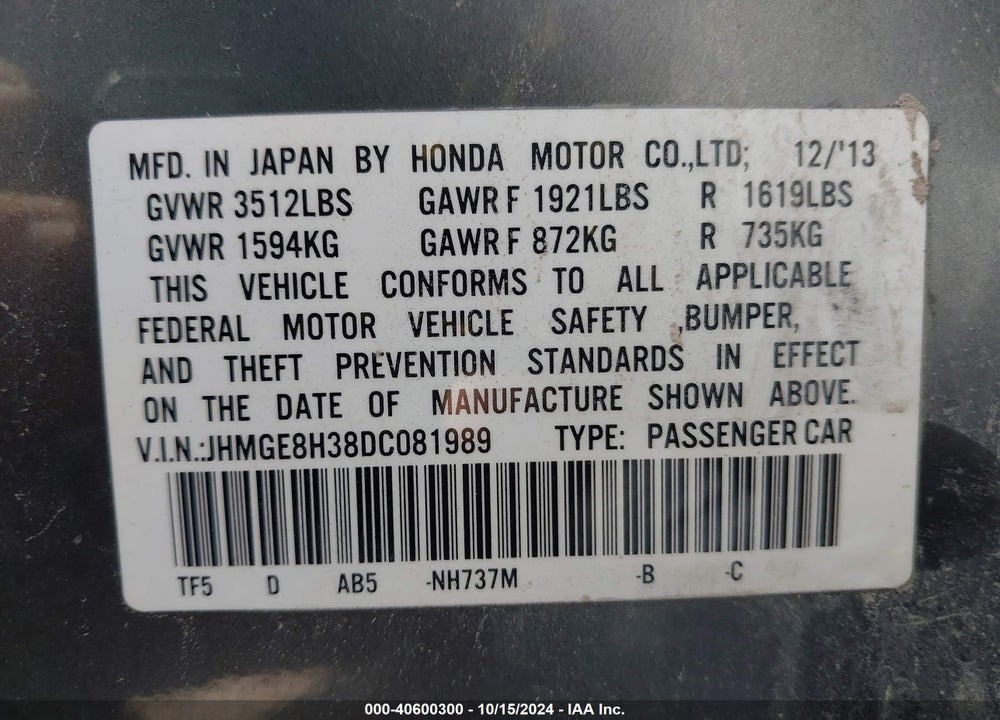 2013 HONDA FIT VIN: JHMGE8H38DC081989