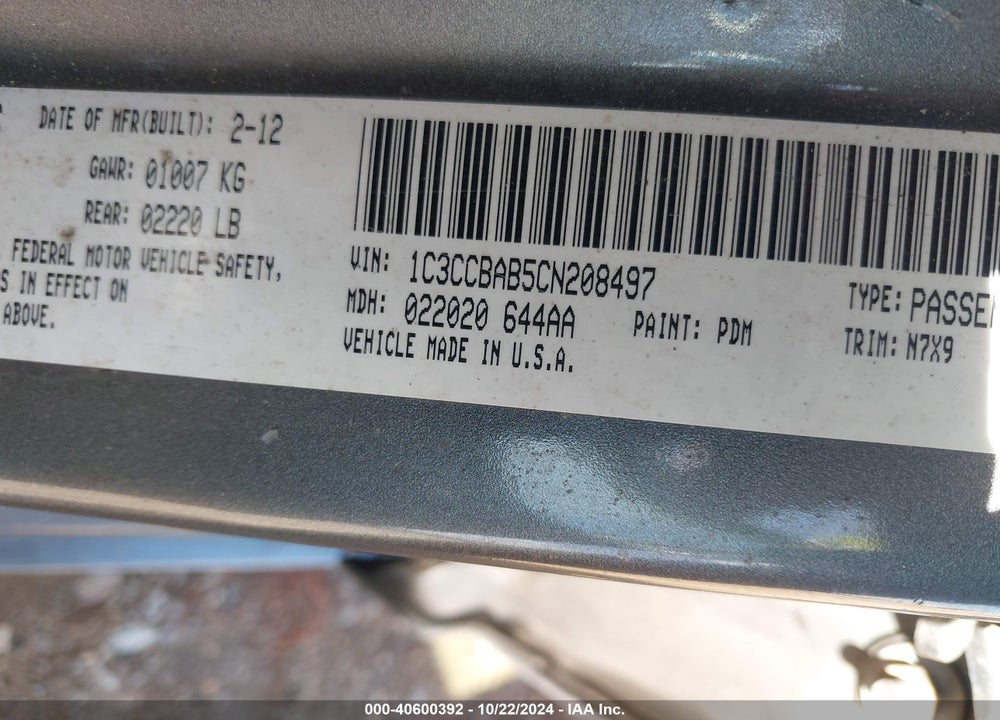 2012 CHRYSLER 200 LX VIN: 1C3CCBAB5CN208497