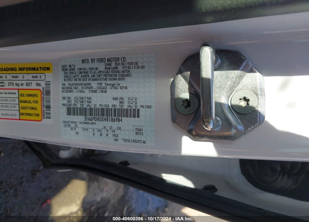 2017 FORD FUSION SE VIN: 3FA6P0HDXHR186984