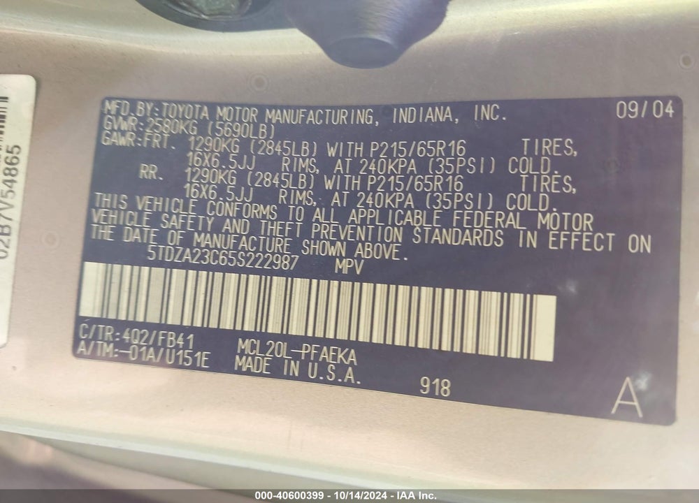 2005 TOYOTA SIENNA LE VIN: 5TDZA23C65S222987