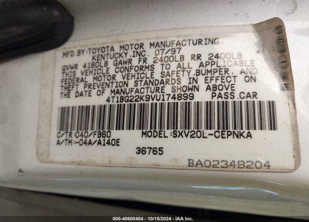 1997 TOYOTA CAMRY LE VIN: 4T1BG22K9VU174899