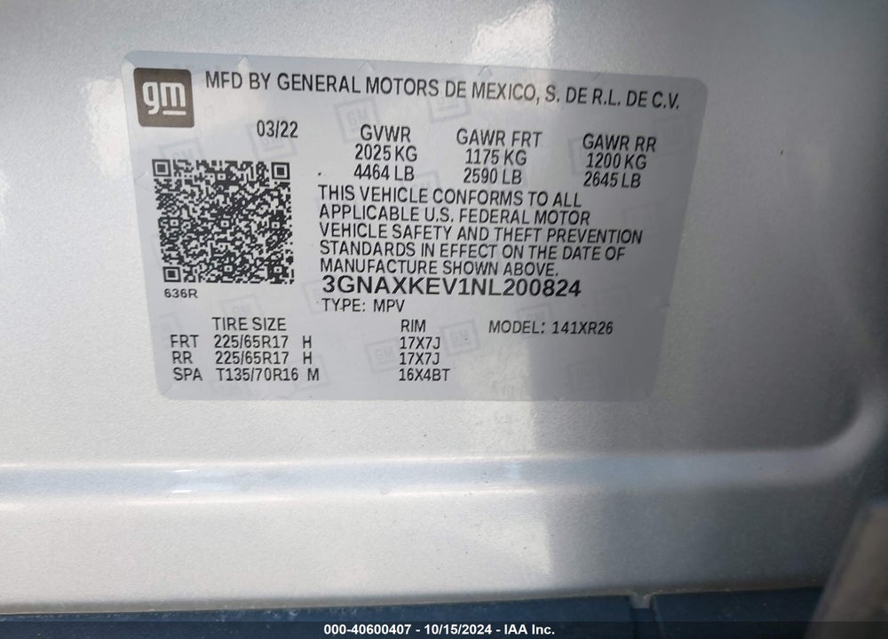 2022 CHEVROLET EQUINOX FWD LT VIN: 3GNAXKEV1NL200824