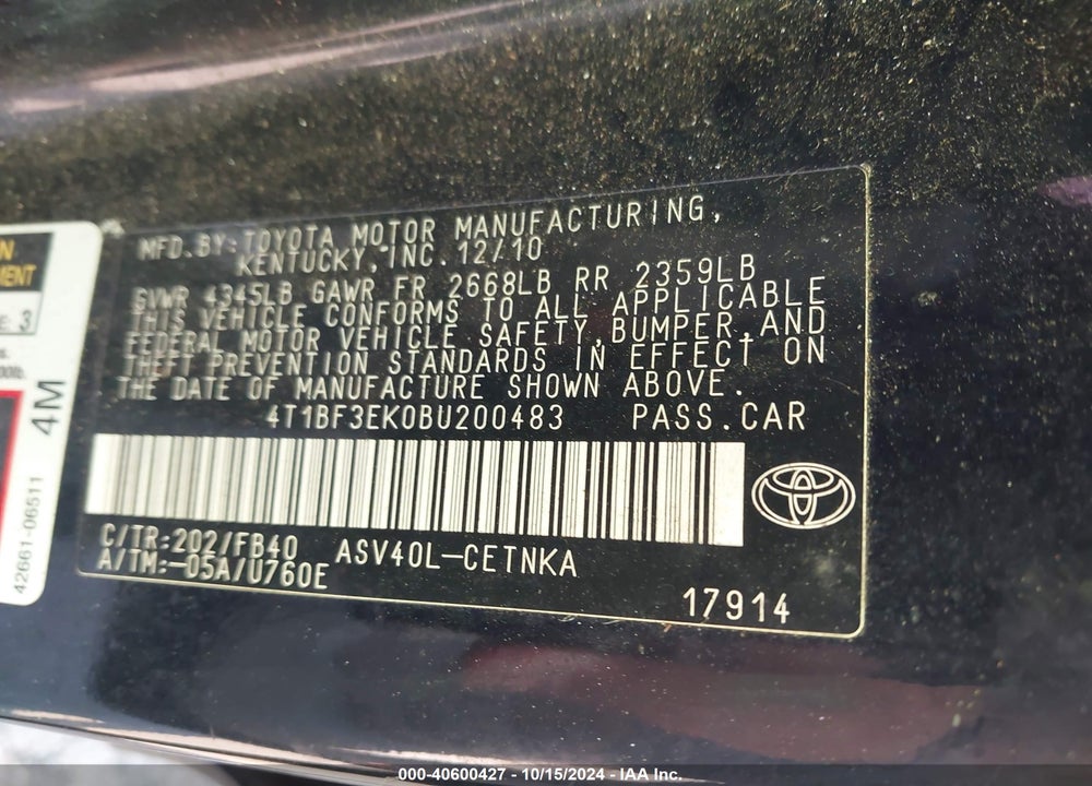 2011 TOYOTA CAMRY LE VIN: 4T1BF3EK0BU200483
