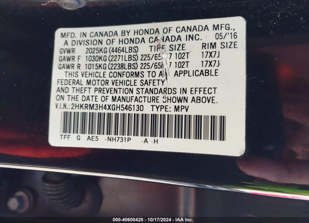 2016 HONDA CR-V SE VIN: 2HKRM3H4XGH546130