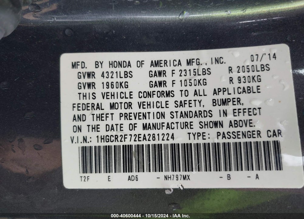 2014 HONDA ACCORD EX VIN: 1HGCR2F72EA281224