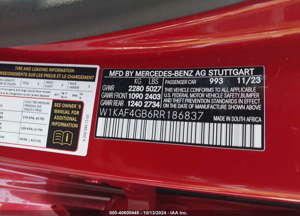 2024 MERCEDES-BENZ C 300 VIN: W1KAF4GB6RR186837