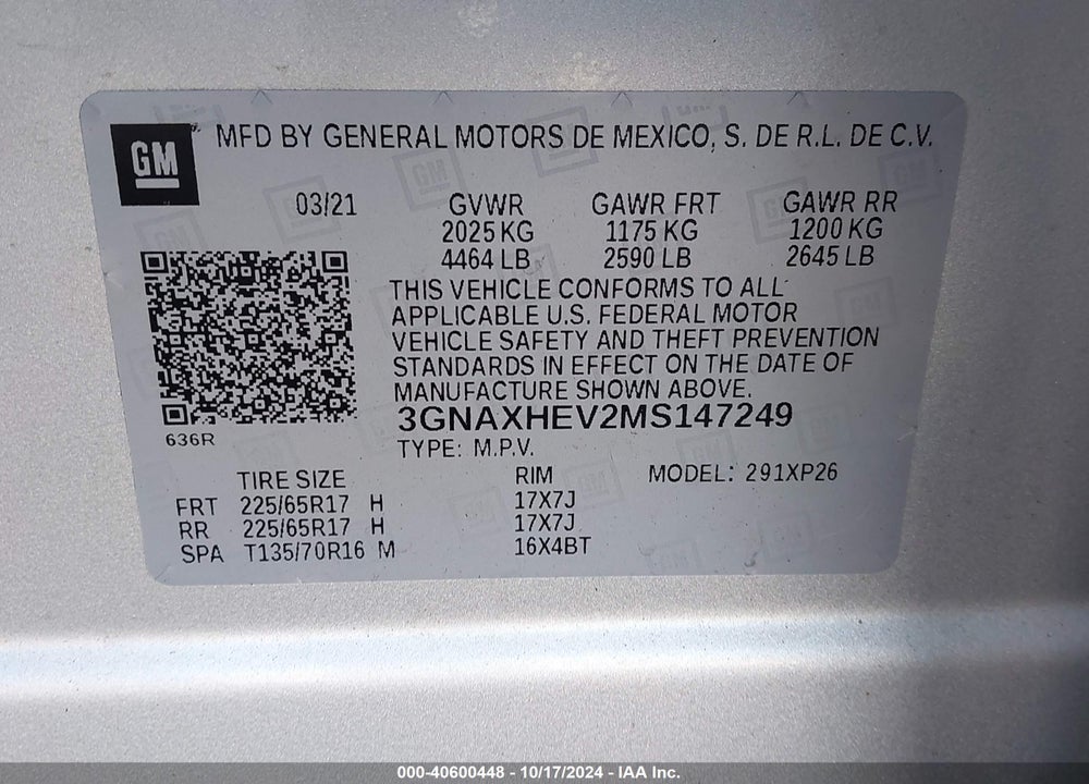 2021 CHEVROLET EQUINOX FWD LS VIN: 3GNAXHEV2MS147249