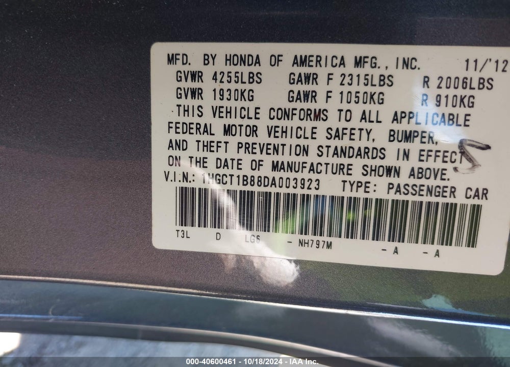 2013 HONDA ACCORD EX-L VIN: 1HGCT1B88DA003923