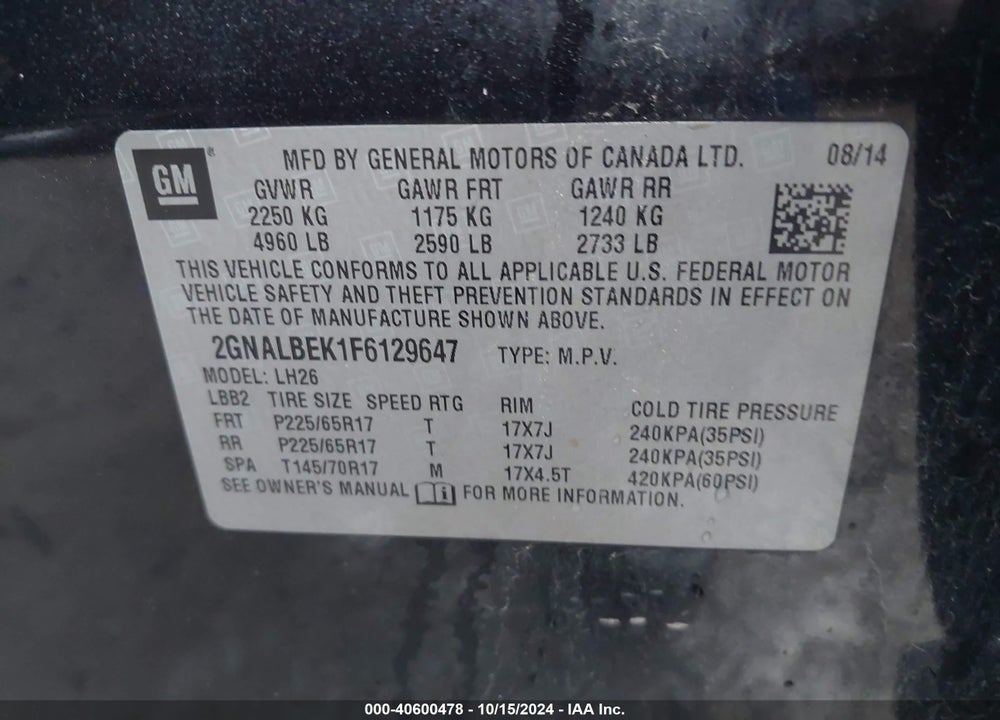 2015 CHEVROLET EQUINOX 1LT VIN: 2GNALBEK1F6129647