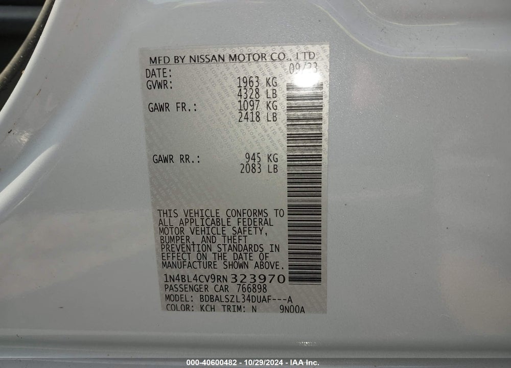 2024 NISSAN ALTIMA SR FWD VIN: 1N4BL4CV9RN323970