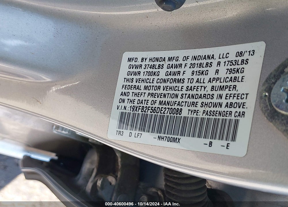 2013 HONDA CIVIC LX VIN: 19XFB2F56DE270088