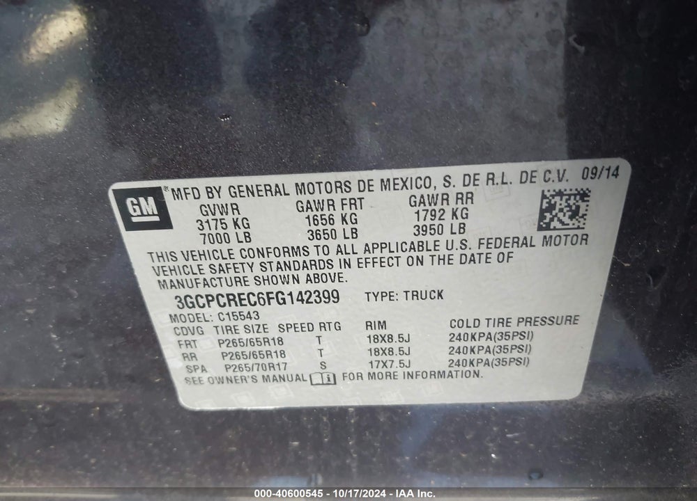 2015 CHEVROLET SILVERADO 1500 1LT VIN: 3GCPCREC6FG142399