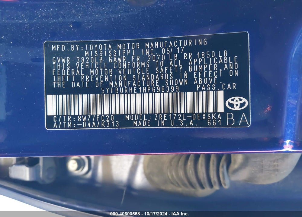 2017 TOYOTA COROLLA SE VIN: 5YFBURHE1HP696399