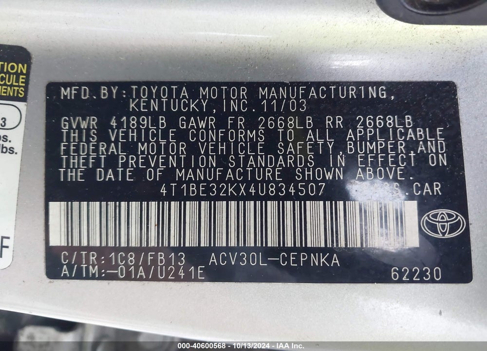 2004 TOYOTA CAMRY LE VIN: 4T1BE32KX4U834507