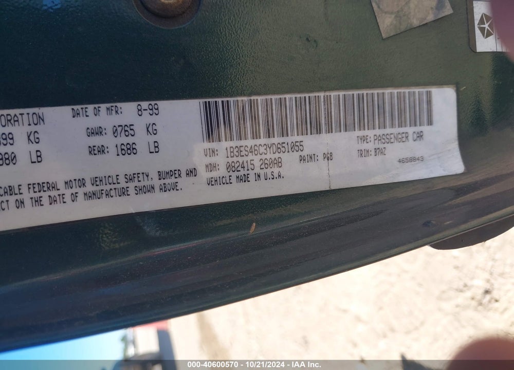 2000 DODGE NEON HIGHLINE VIN: 1B3ES46C3YD651055