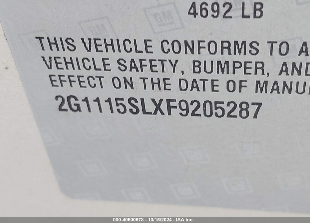 2015 CHEVROLET IMPALA 1LT VIN: 2G1115SLXF9205287