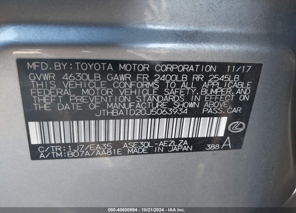 2018 LEXUS IS 300 VIN: JTHBA1D20J5063934