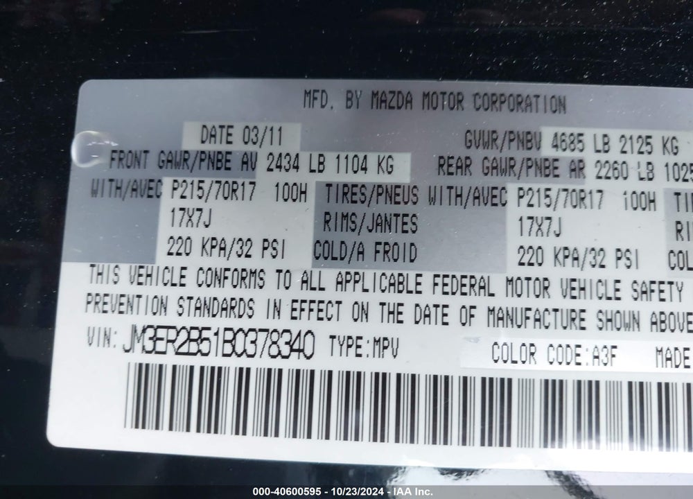 2011 MAZDA CX-7 I SPORT VIN: JM3ER2B51B0378340