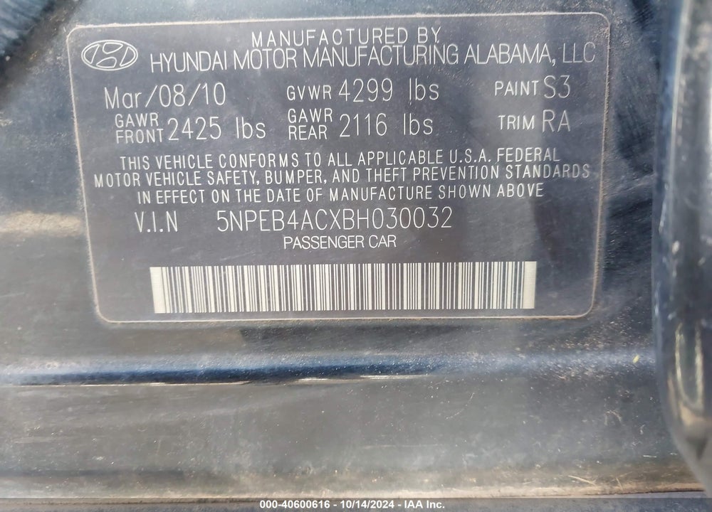 2011 HYUNDAI SONATA GLS VIN: 5NPEB4ACXBH030032